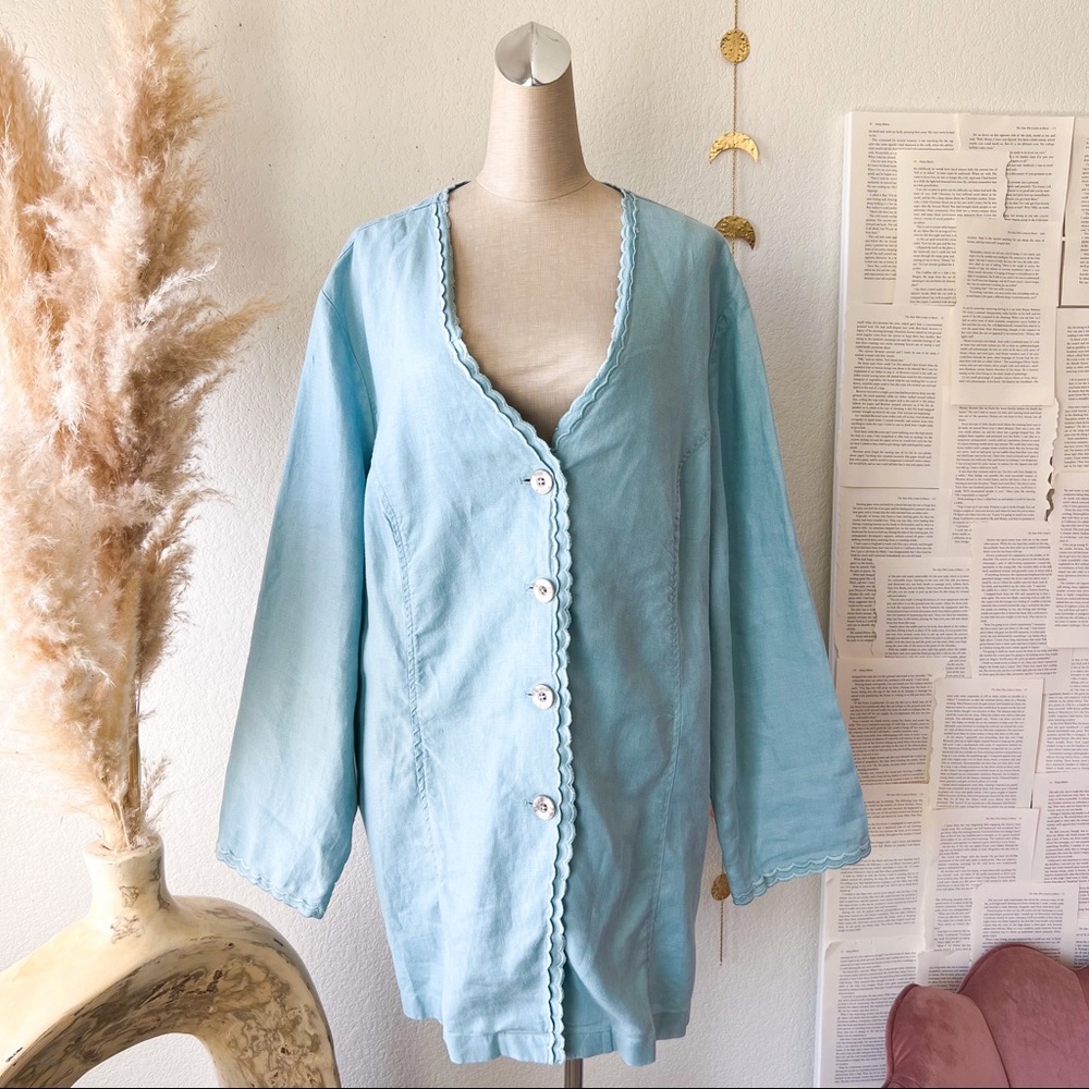 J.JILL 100% Linen Blue Scallop Trim V-Neck Button Down Shacket
